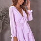 Tied Plunge Smocked Waist Flounce Sleeve Dress