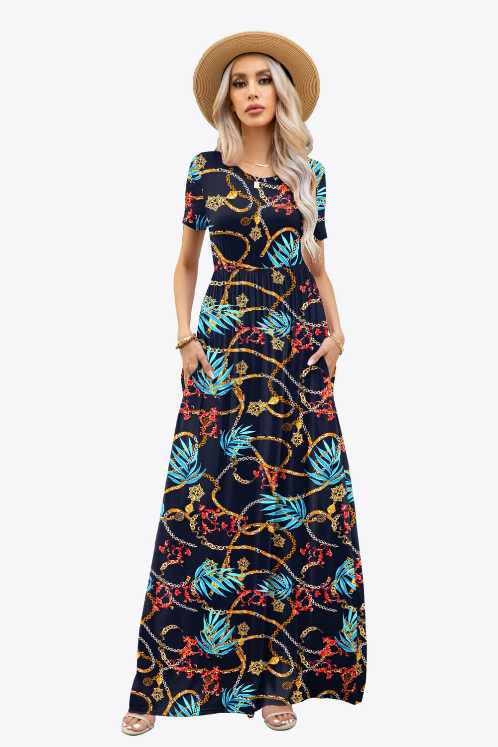 Printed Round Neck Short Sleeve Maxi Dress