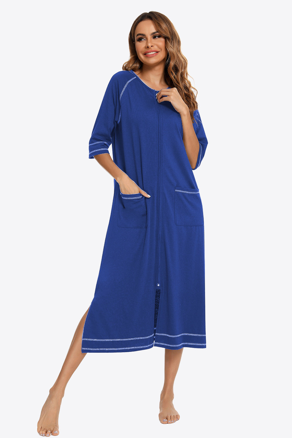 Zip Up Slit Night Dress with Pockets