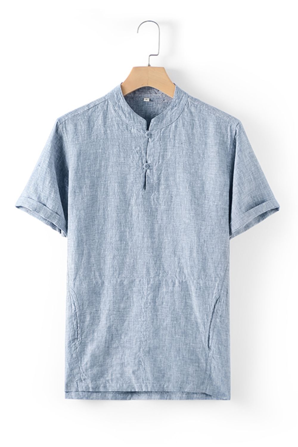 Buttoned Round Neck Short Sleeve Linen Tee