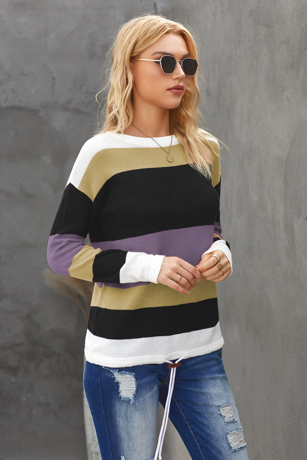 Color Block Drawstring Knit Top