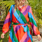 Multicolored Tie-Waist Pleated Balloon Sleeve Dress