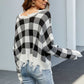 Plaid Frayed Trim V-Neck Sweater