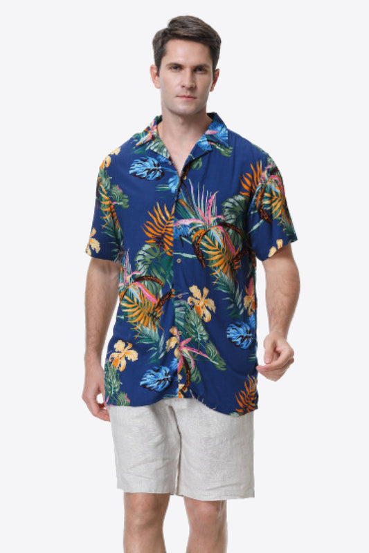 Tropical Pattern Button-Up Collared Shirt