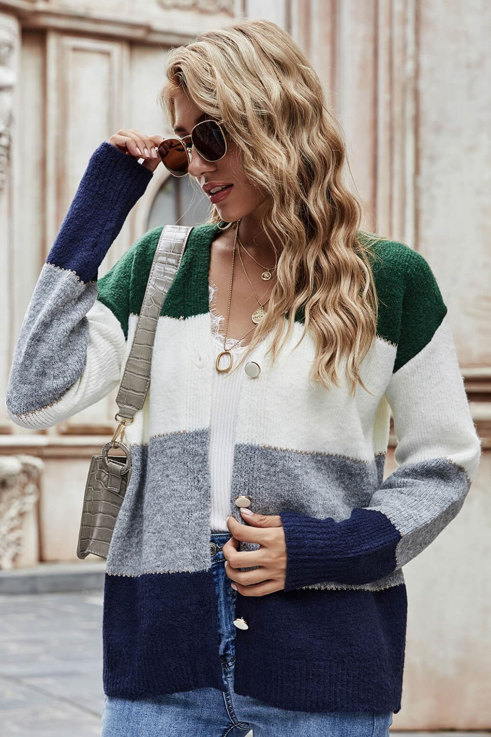 Color Block V-Neck Button Down Cardigan