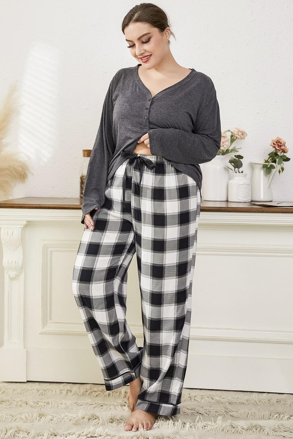 Plus Size Long Sleeve Top and Plaid Pants Lounge Set