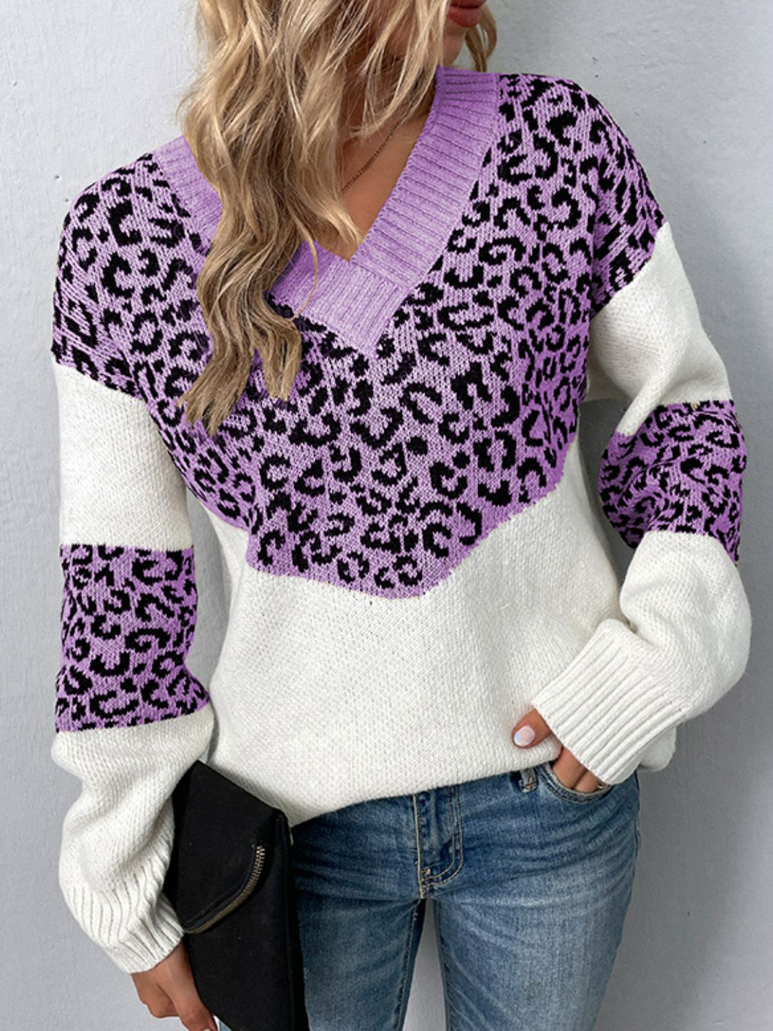 Leopard Color Block V-Neck Ribbed Trim Sweater