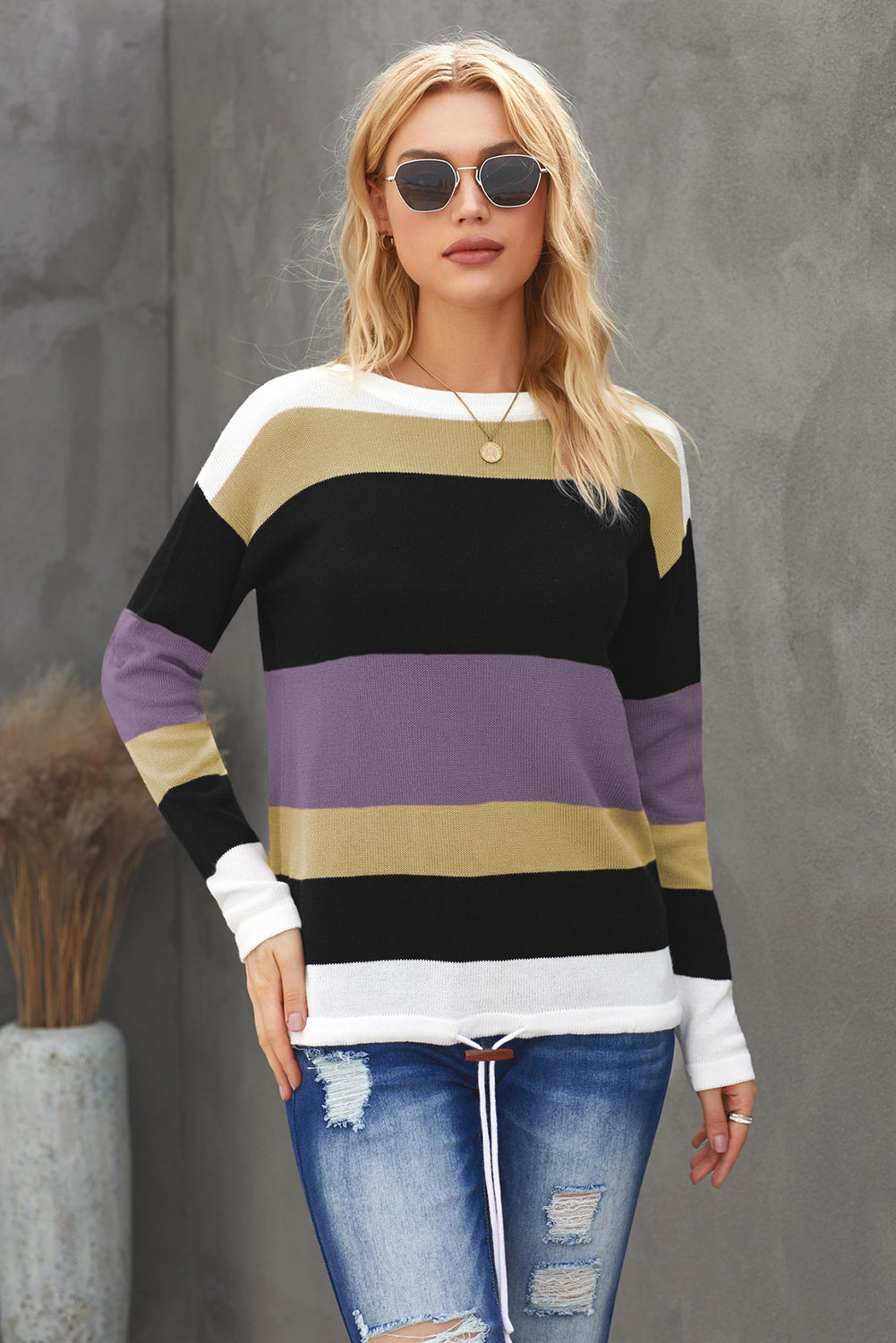Color Block Drawstring Knit Top