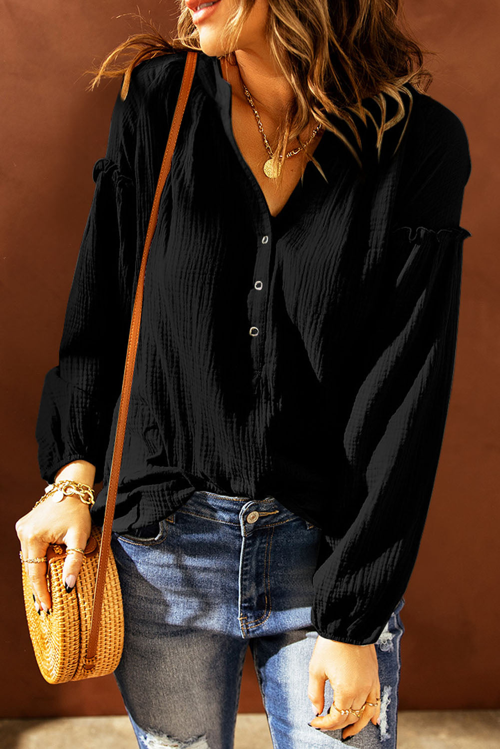 Balloon Sleeve Frill Trim Notched Neck Blouse