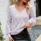 Openwork V-Neck Lantern Sleeve Ribbed Trim Sweater
