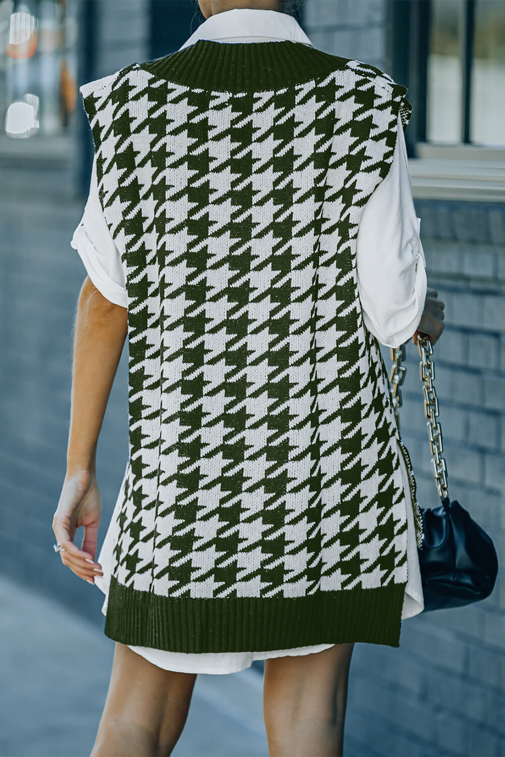 Houndstooth Side Slit Ribbed Sweater Vest Dress