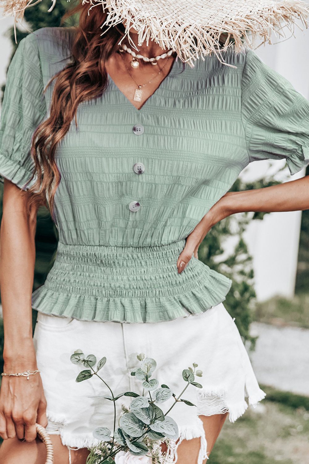Decorative Button Smocked Peplum Blouse