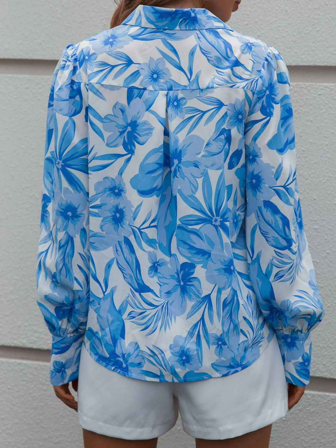 Floral Curved Hem Bishop Sleeve Shirt