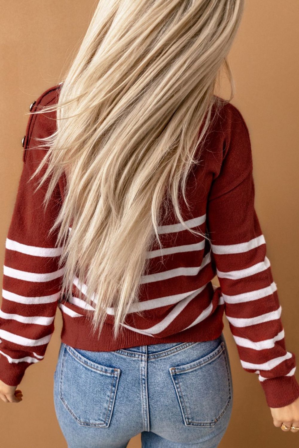 Striped Button Detail Mock Neck Sweater