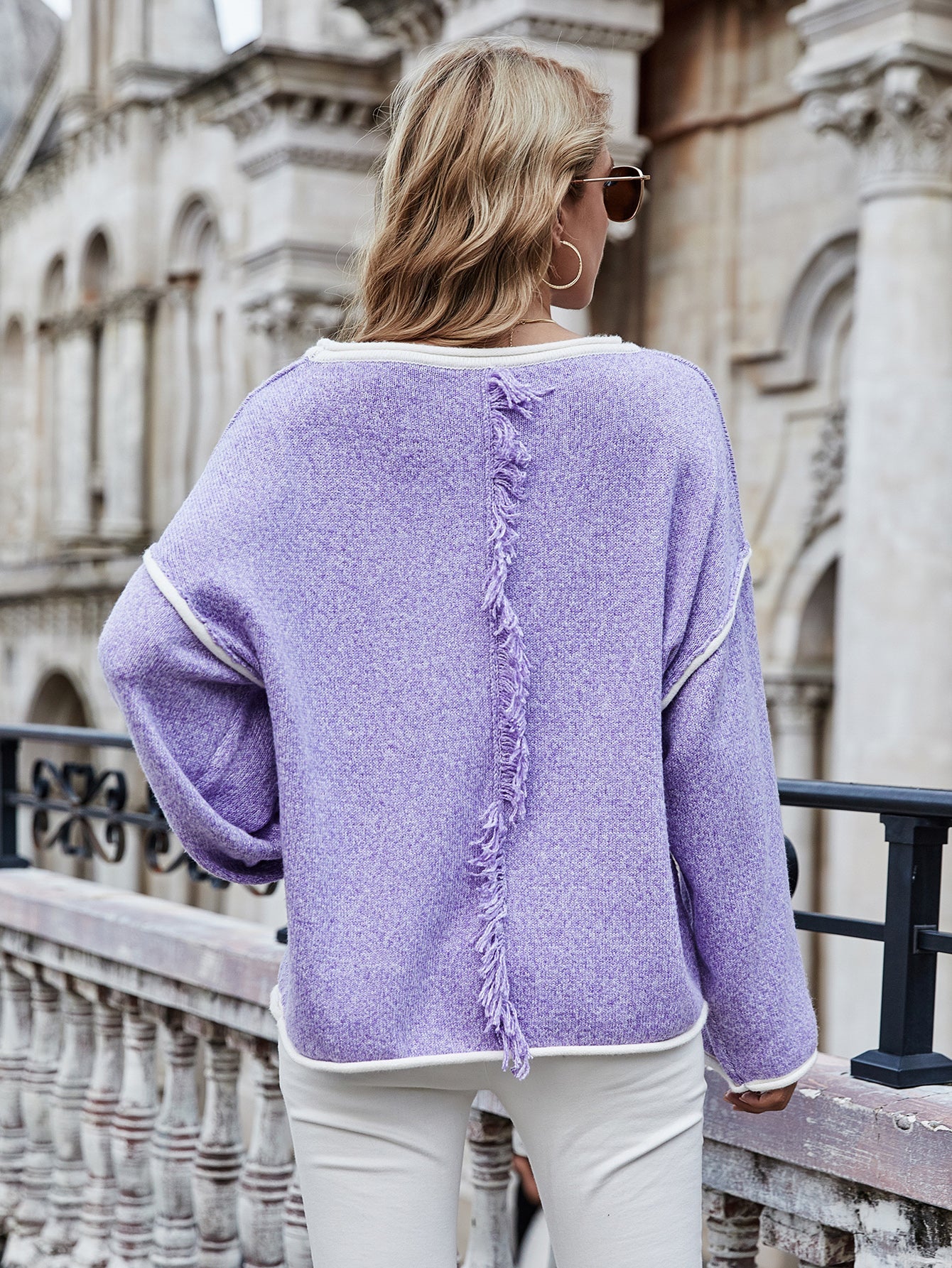 Dropped Shoulder Boat Neck Long Sleeve Sweater