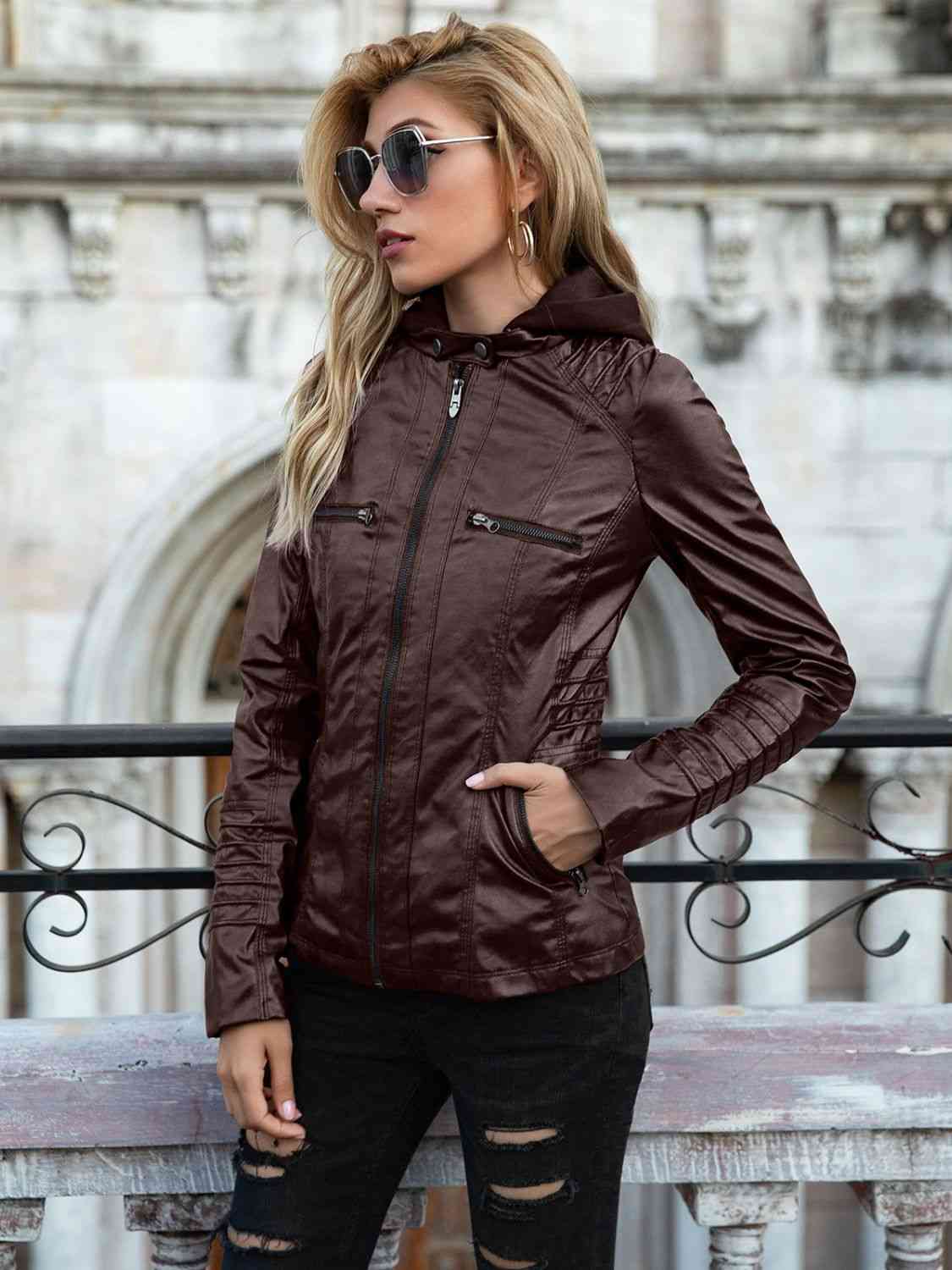 Full Size Zip-Up Hooded PU Jacket