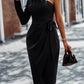 One-Shoulder Pleated Detail Belted Dress
