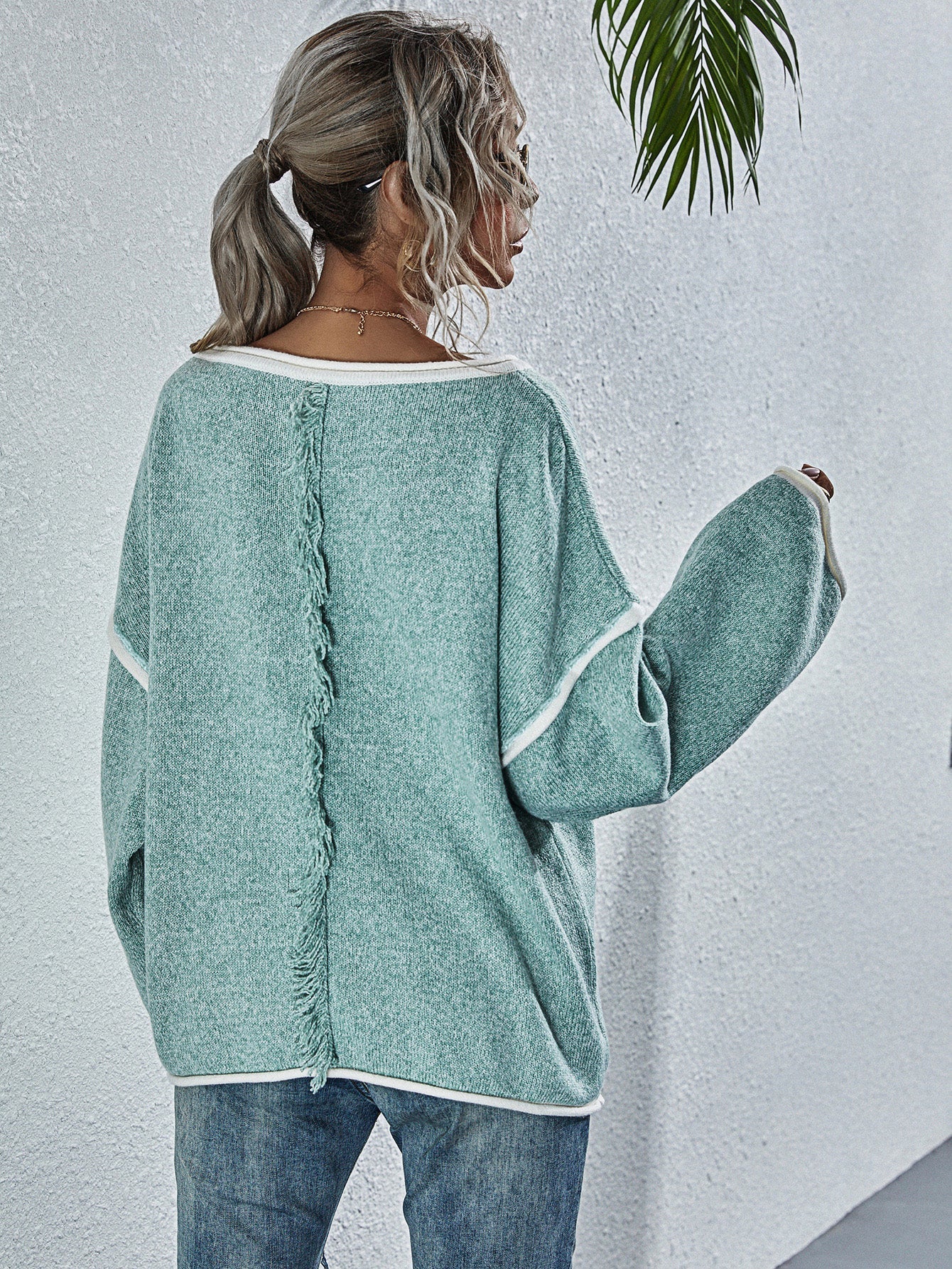 Dropped Shoulder Boat Neck Long Sleeve Sweater
