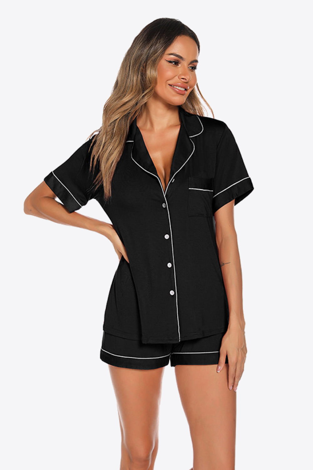 Contrast Piping Button Front Top and Shorts Lounge Set
