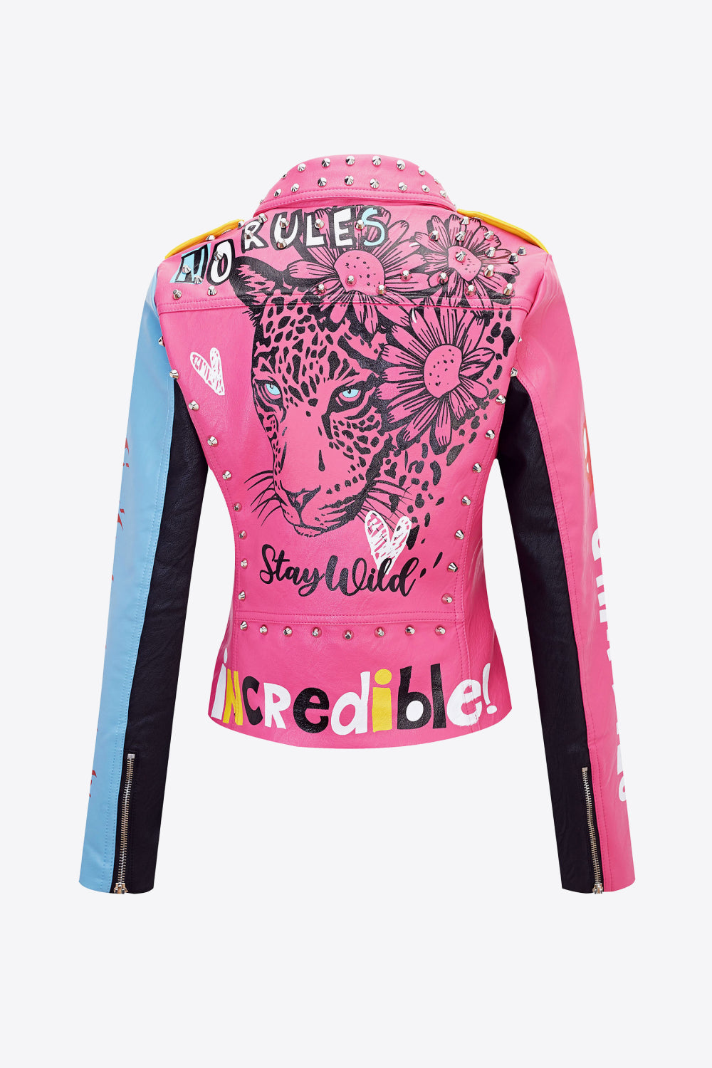 Full Size Printed Contrast Studded PU Leather Jacket