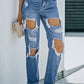Distressed Frayed Trim Straight Leg Jeans