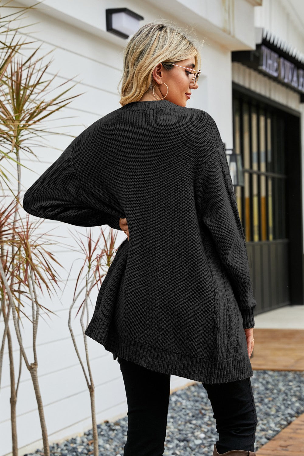 Ribbed Trim Cable-Knit Drop Shoulder Cardigan