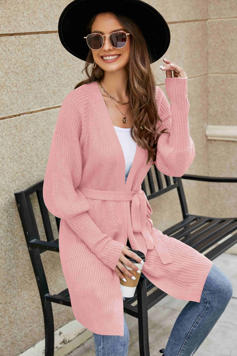 Lantern Sleeve Rib-Knit Open Front Longline Cardigan