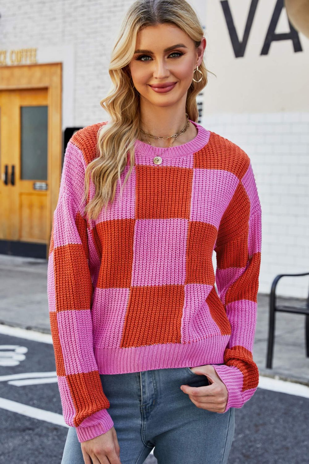 Checkered Round Neck Dropped Shoulder Knit Pullover