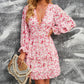 Floral Frill Trim Plunge Flounce Sleeve Dress