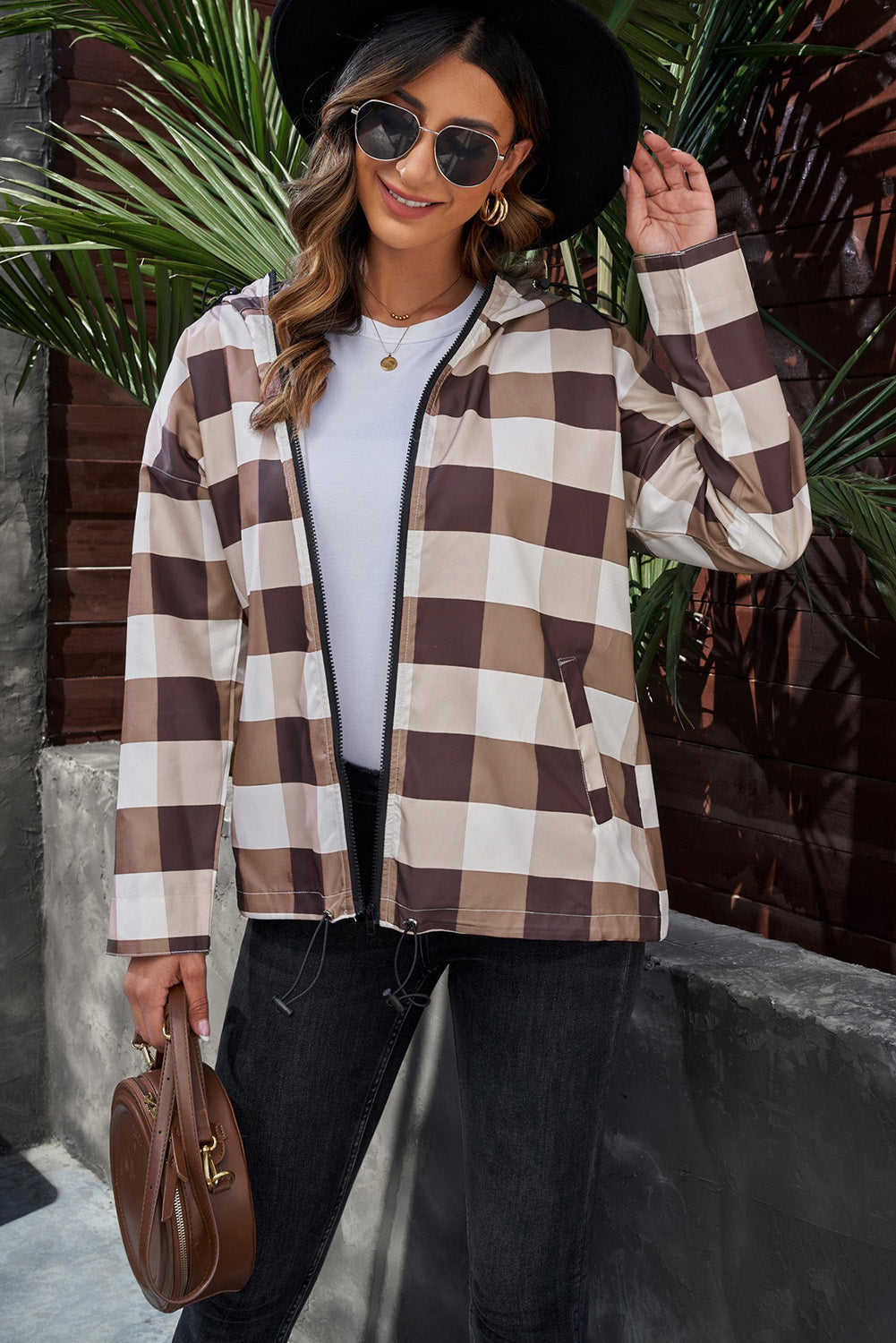 Plaid Drawstring Hem Zip Up Hooded Jacket