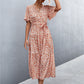 Printed V-Neck Flutter Sleeve Belted Dress