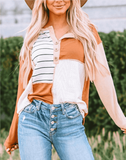 Striped Color Block Exposed Seam Henley Top