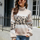 Striped Leopard Turtleneck Dropped Shoulder Sweater
