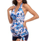 Floral Gathered Detail Tied Backless Tankini Set