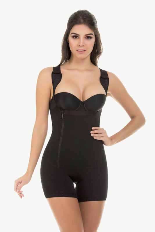 Full Size Zipper Detail Lace Trim Shapewear
