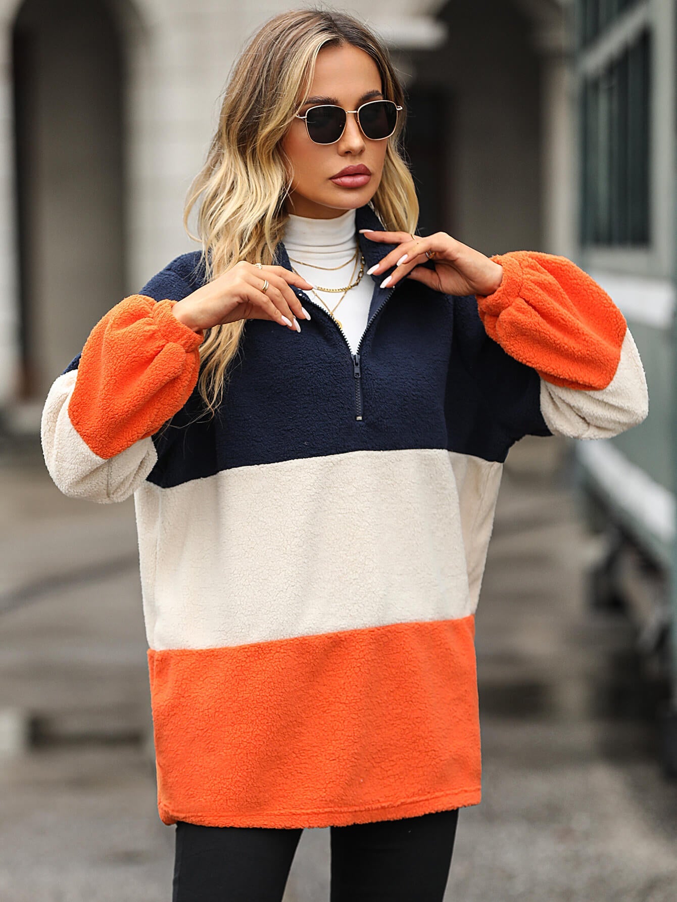Color Block Quarter-Zip Teddy Pullover