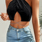 Chain Detail Halter Neck Velvet Cropped Top