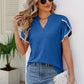 Pom-Pom Trim Petal Sleeve Notched Neck Top