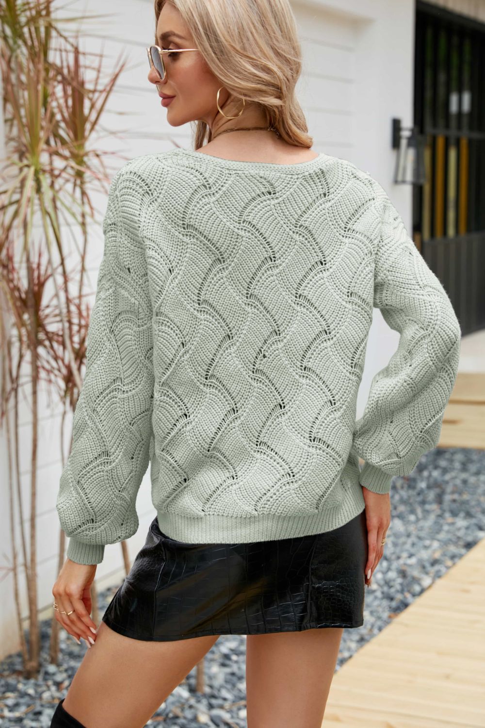 Openwork V-Neck Lantern Sleeve Ribbed Trim Sweater
