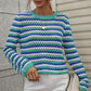Striped Openwork Long-Sleeve Knit Pullover
