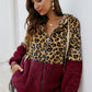 Leopard Color Block Zip Up Hooded Teddy Jacket