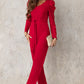 Belted Long Puff Sleeve V-Neck Jumpsuit