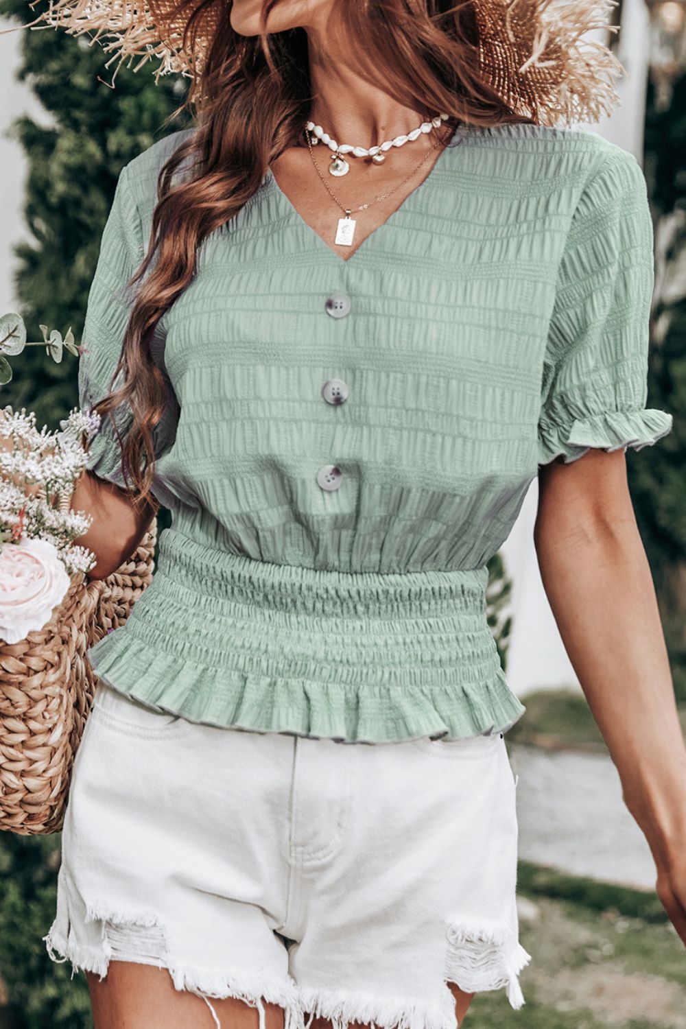 Decorative Button Smocked Peplum Blouse
