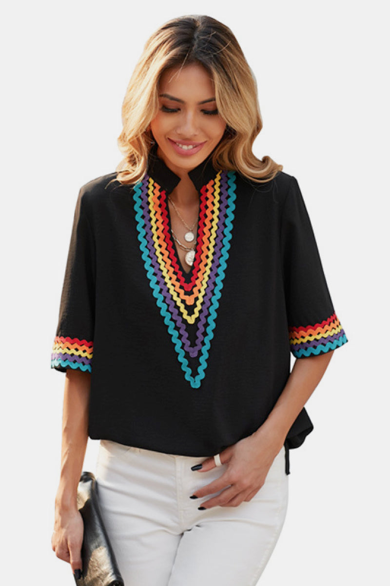 Embroidered Deep V Neck Chiffon Top