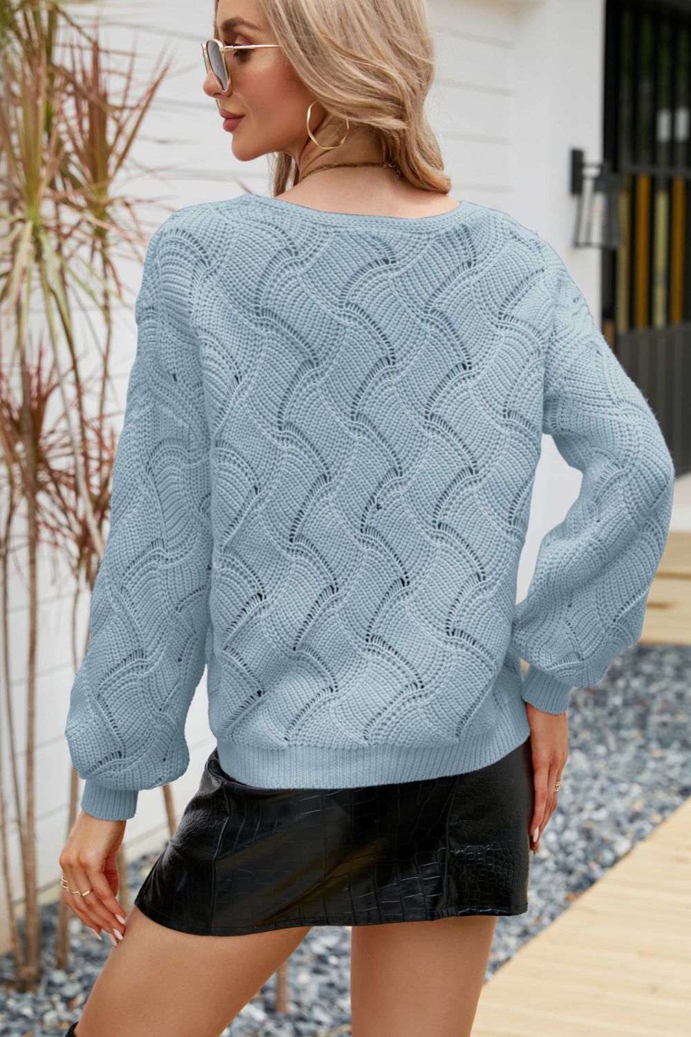 Openwork V-Neck Lantern Sleeve Ribbed Trim Sweater
