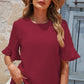 Swiss Dot Flounce Sleeve Round Neck Blouse