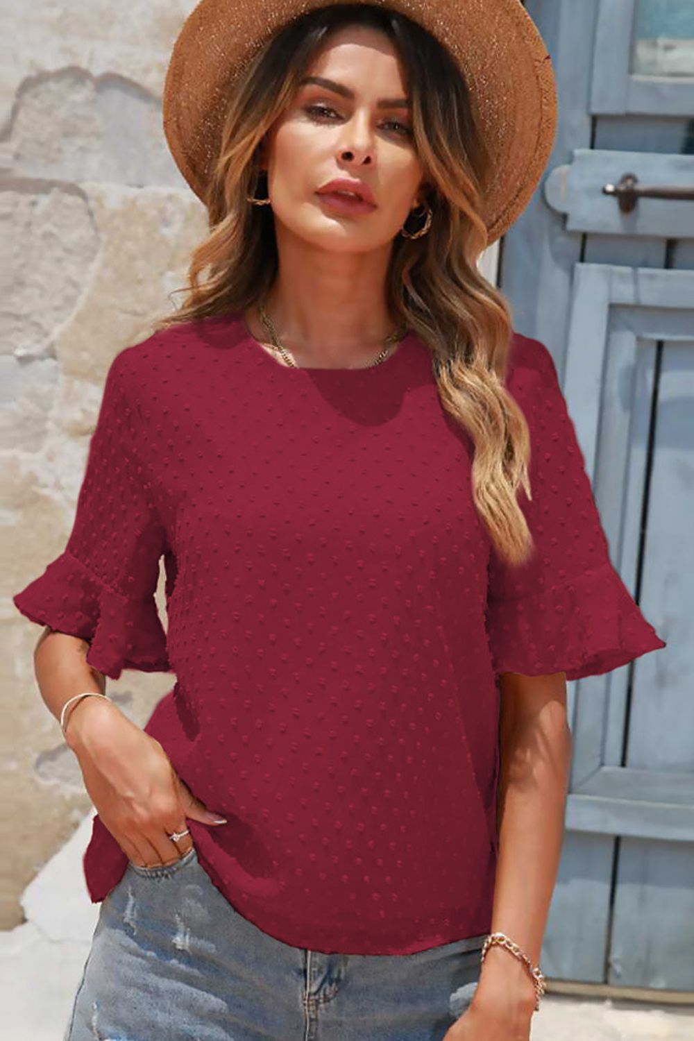 Swiss Dot Flounce Sleeve Round Neck Blouse