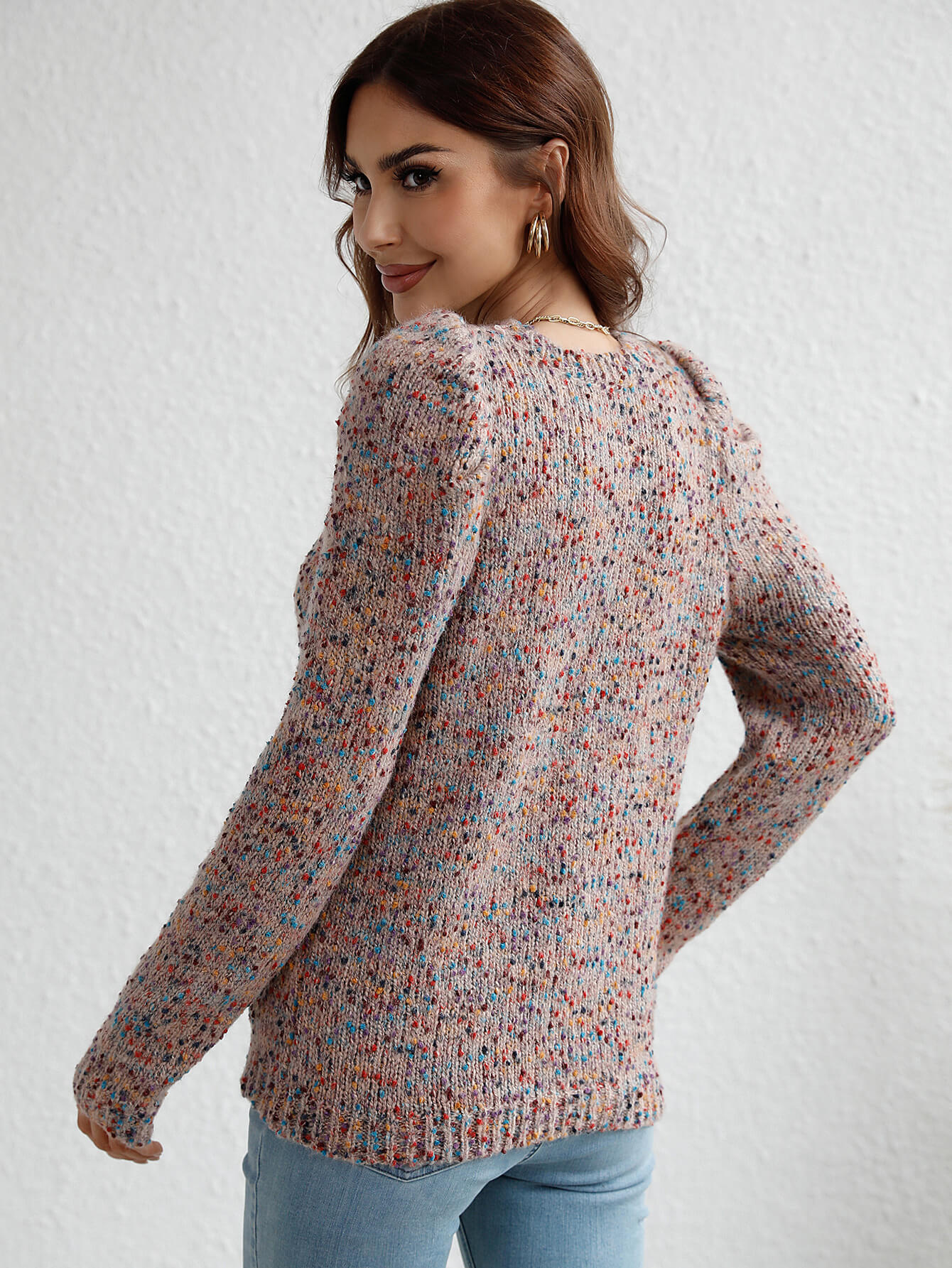 Multicolored Puff Sleeve Ribbed Trim Sweater