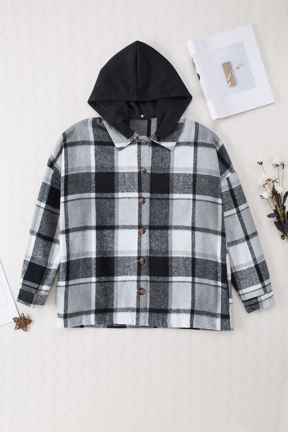 Plaid Button Front Brushed Hooded Jacket