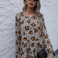Leopard Round Neck Tiered Flounce Sleeve Blouse